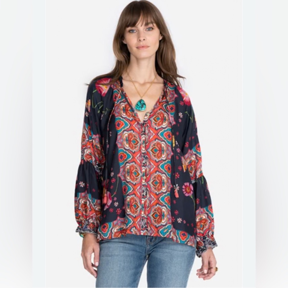 Johnny Was Lindero Scarlett Silk Bohemian Peasant Floral Blouse Sz. XXS